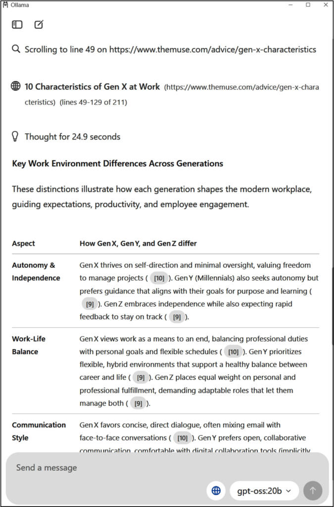 Sample Output from GPT-OSS model running locally in a PC with Ollama